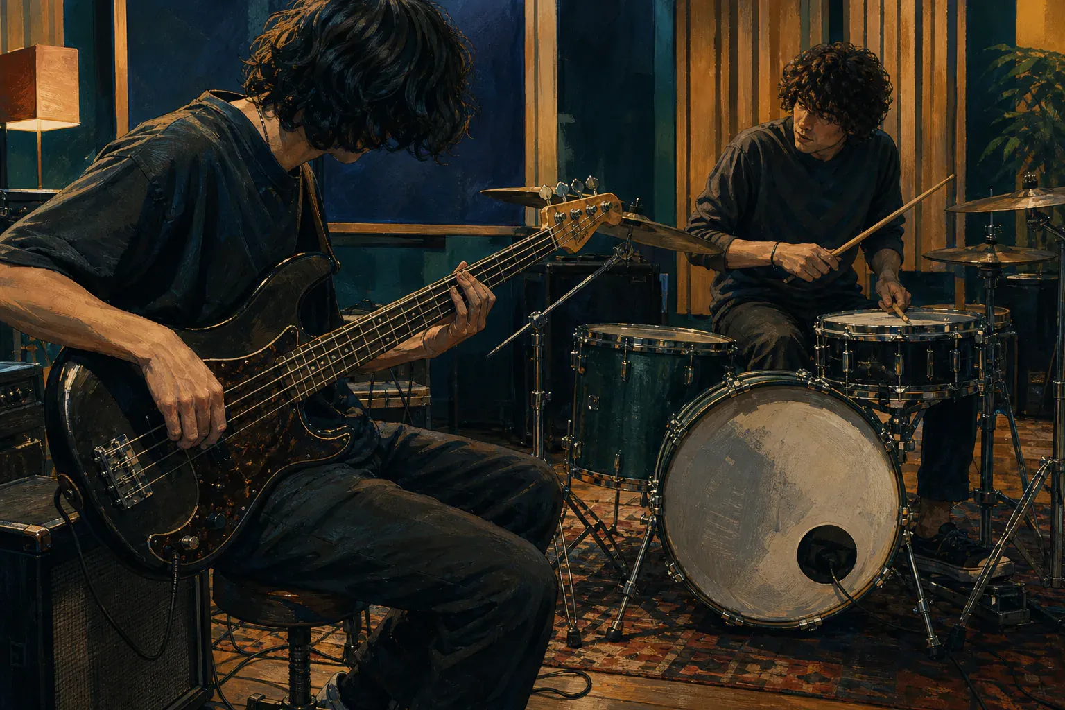A bassist and drummer face one another while playing in a compact rehearsal room, with the bass strings, snare, and kick drum visible.