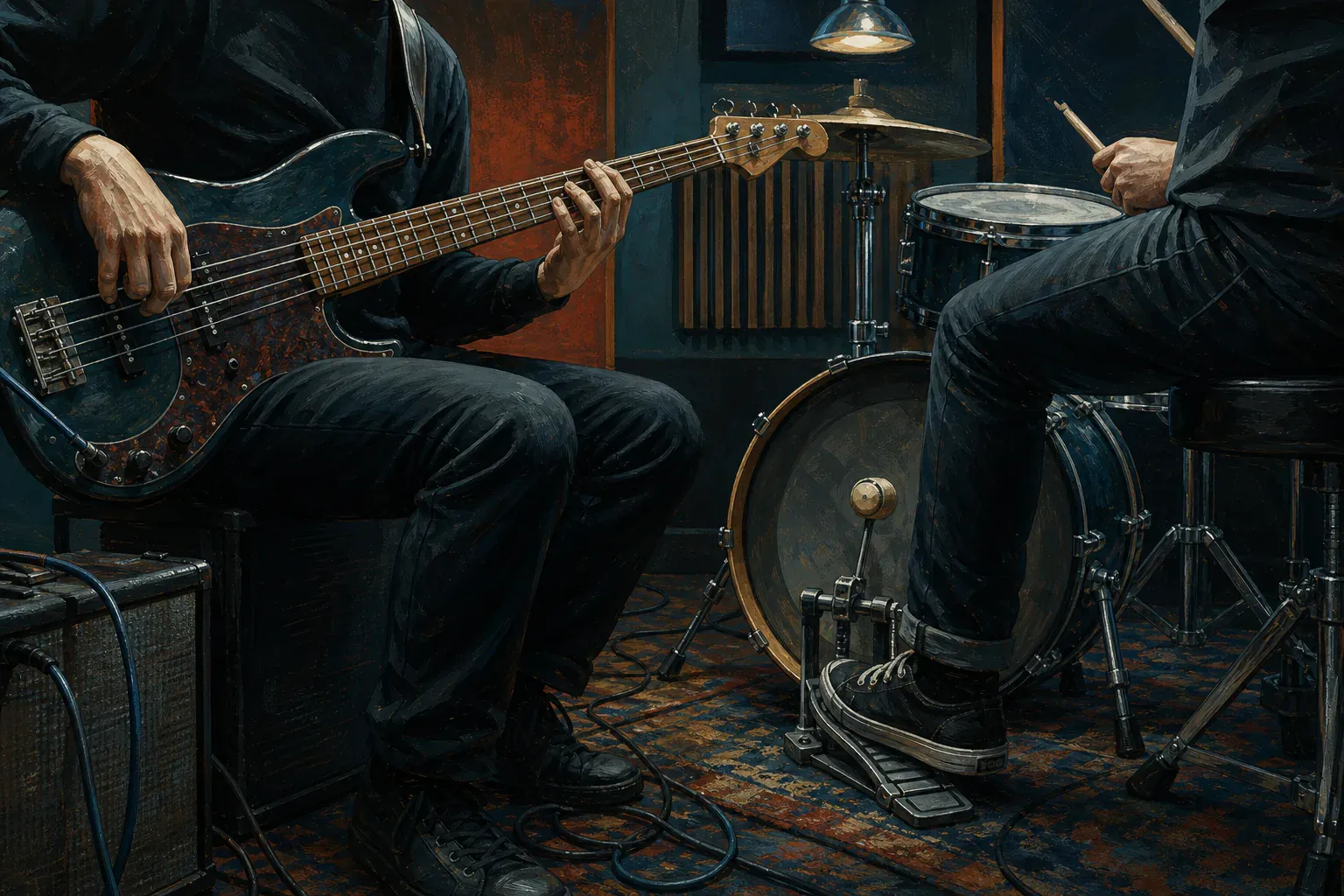 A seated bassist plays beside a drummer whose foot rests on a kick pedal, with both players' hands and instruments in view.