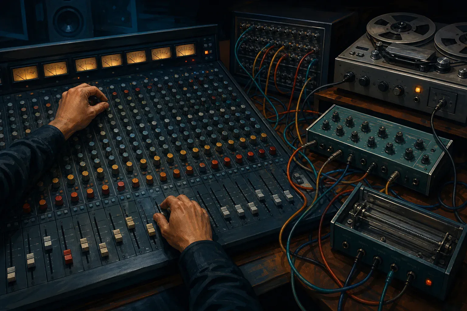 Two hands operate a mixing console beside a connected patch bay, tape machine, echo unit, and spring reverb.