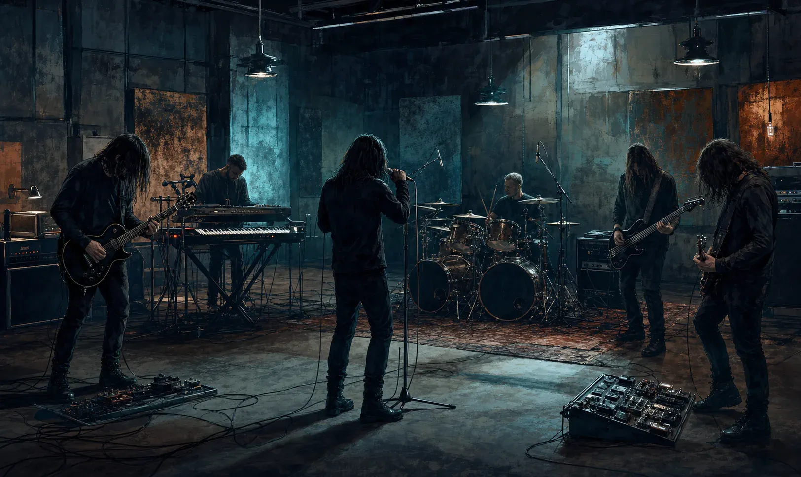 An anonymous gothic-metal ensemble rehearses with two low guitars, bass, full drums, keyboards, and a vocalist in a large room.