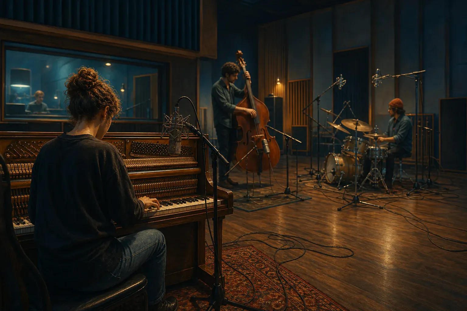 A pianist, double bassist, and drummer occupy foreground, middle, and rear positions in a recording room.