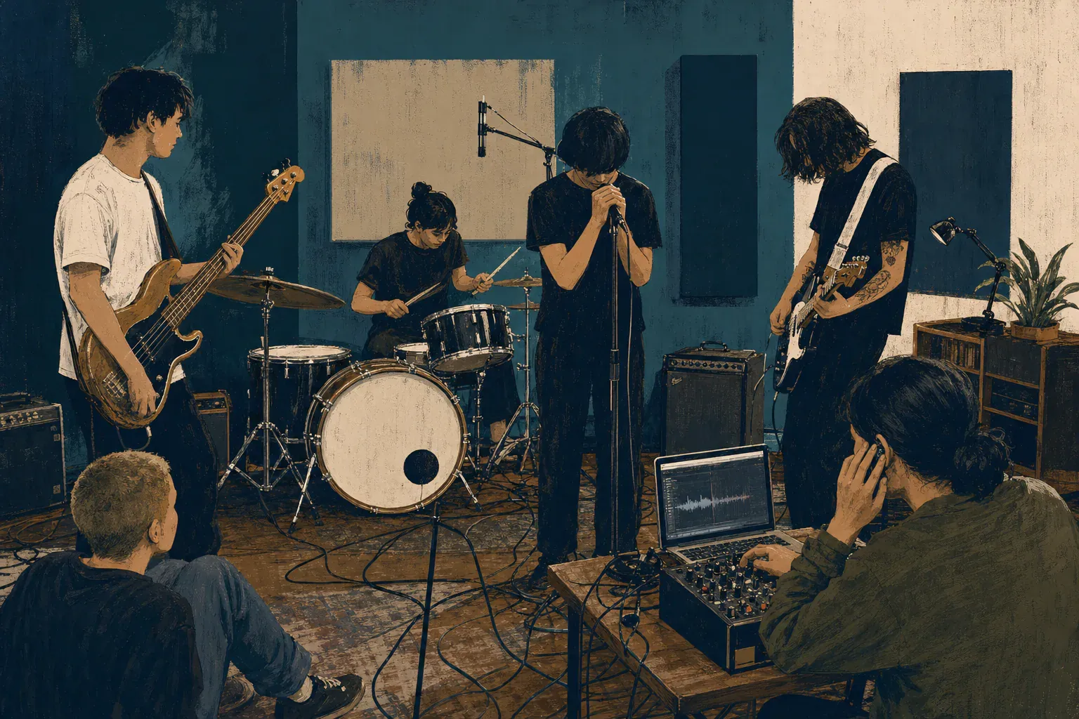 An anonymous punk band records in a modest community room while two friends monitor a laptop and small mixer.