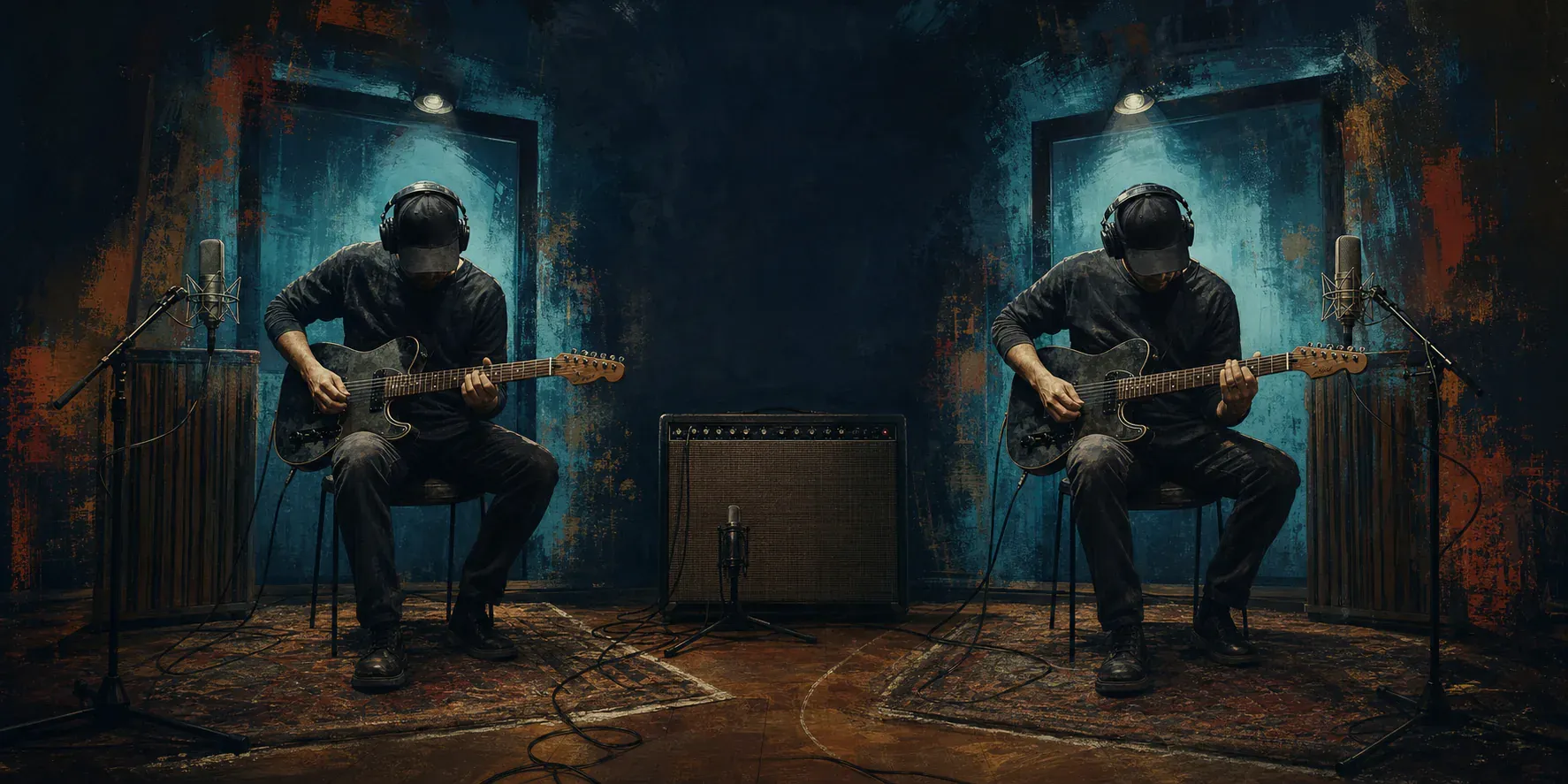 The same anonymous guitarist appears in two separate studio performance positions with one amplifier between them.