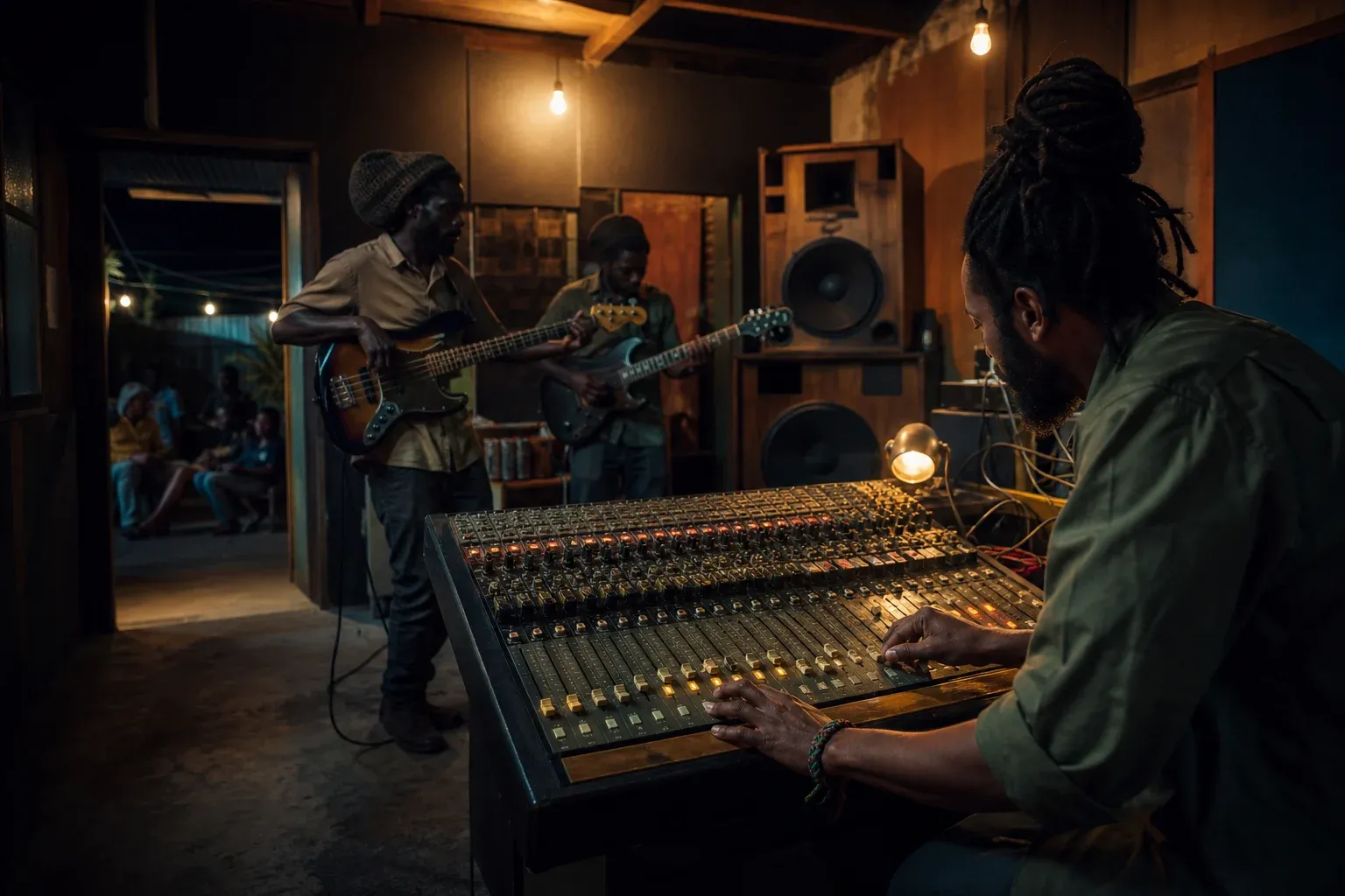 Three anonymous musicians work around an analog mixing console and wooden speakers in a contemporary recording room.