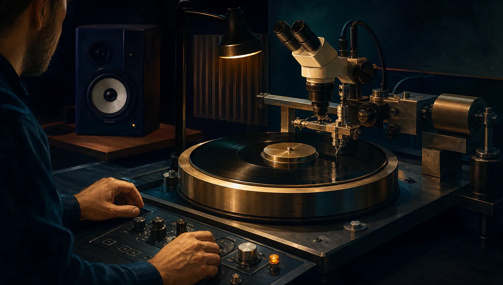 A mastering engineer operates a disc-cutting lathe with a lacquer disc, microscope, cutting assembly, and monitor nearby.