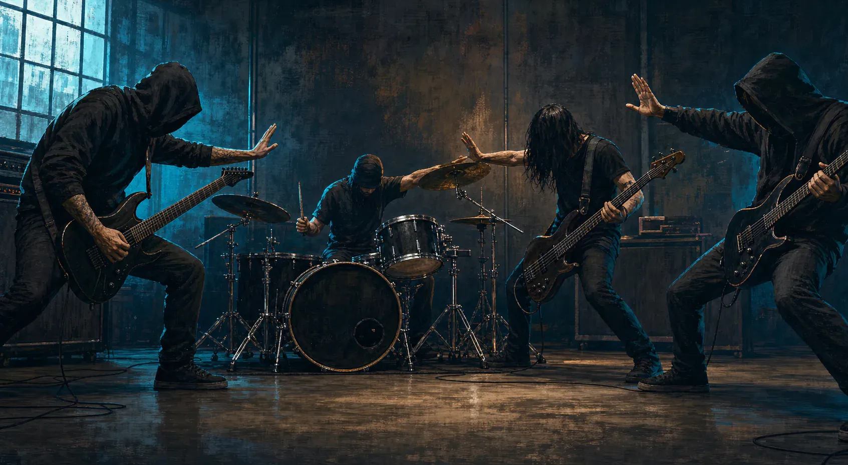 An anonymous metal ensemble reaches a coordinated stop, with guitarists, bassist, and drummer holding visible end-of-phrase cues.