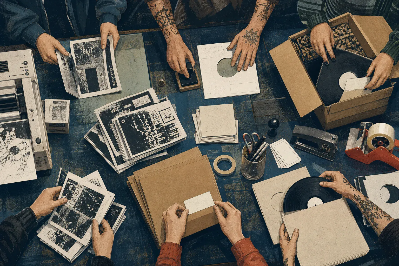 Several anonymous people fold zines, stamp plain sleeves, pack records, and prepare blank mailing labels around a worktable.