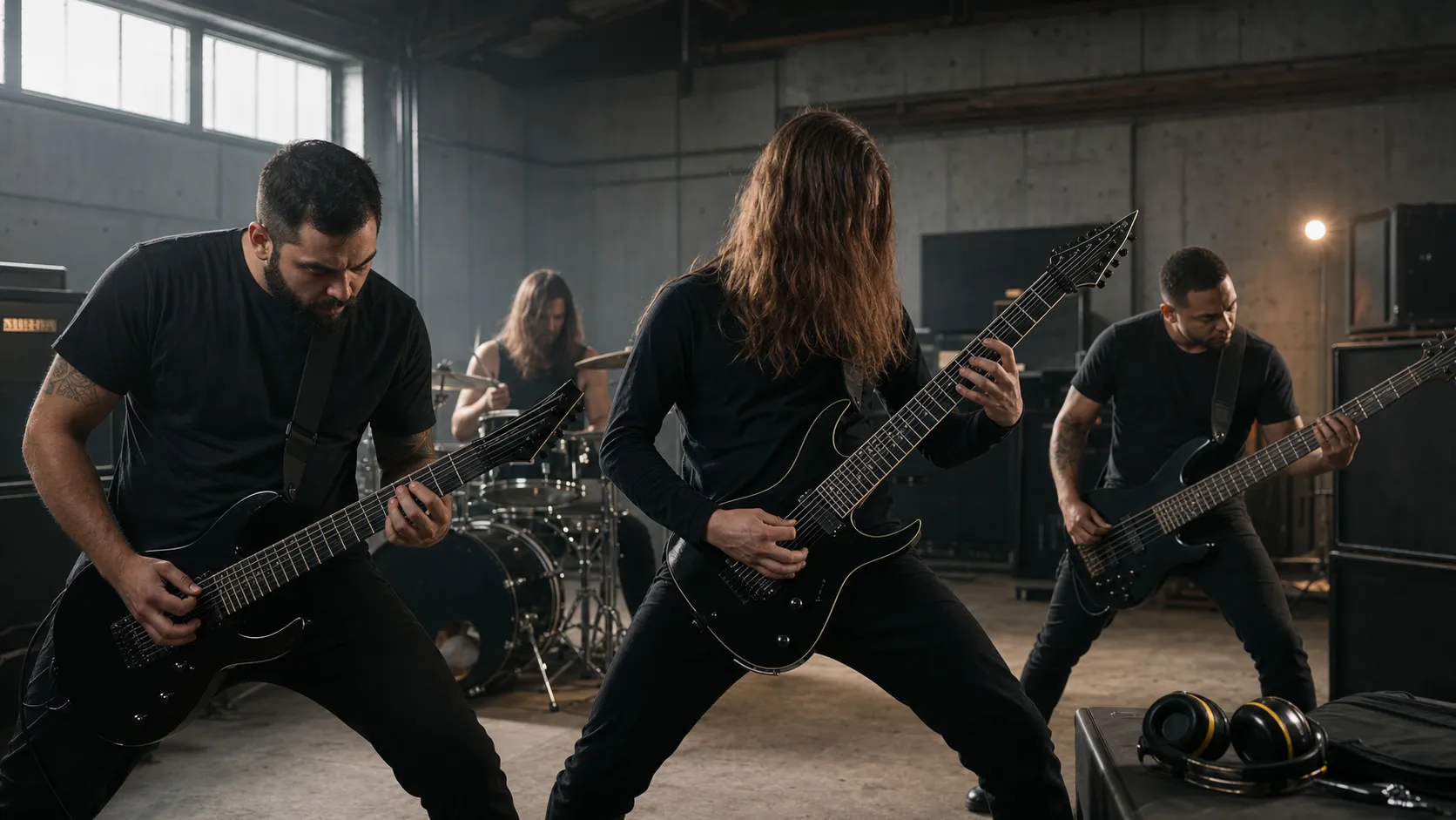 Two anonymous metal guitarists play synchronized low-register parts with a bassist and drummer in a warehouse rehearsal room.