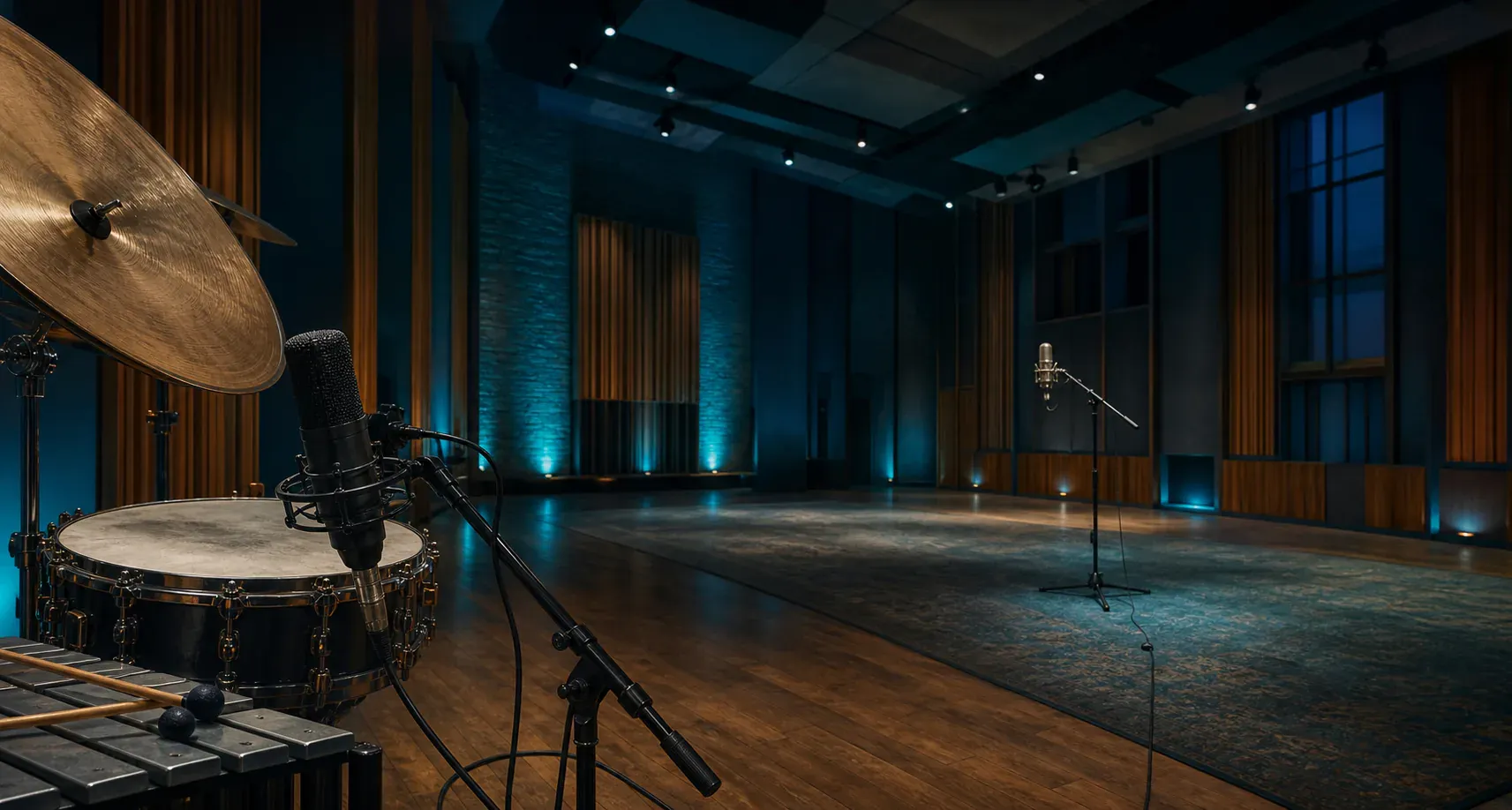 A close microphone sits beside percussion in the foreground while a second microphone stands across a large live room.