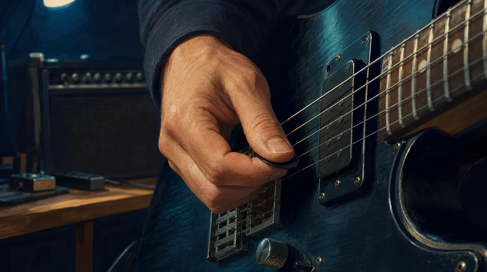 A close view of an anonymous guitarist holding a pick above six strings while the edge of the hand rests beside the bridge saddles.