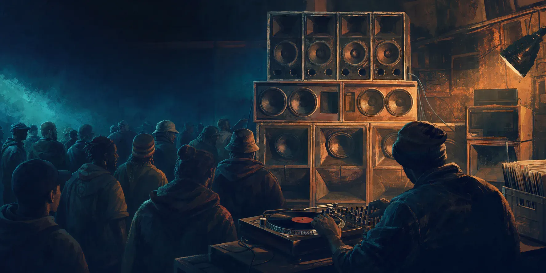 Anonymous listeners face a large carefully built sound-system stack while an operator cues a record at a turntable.