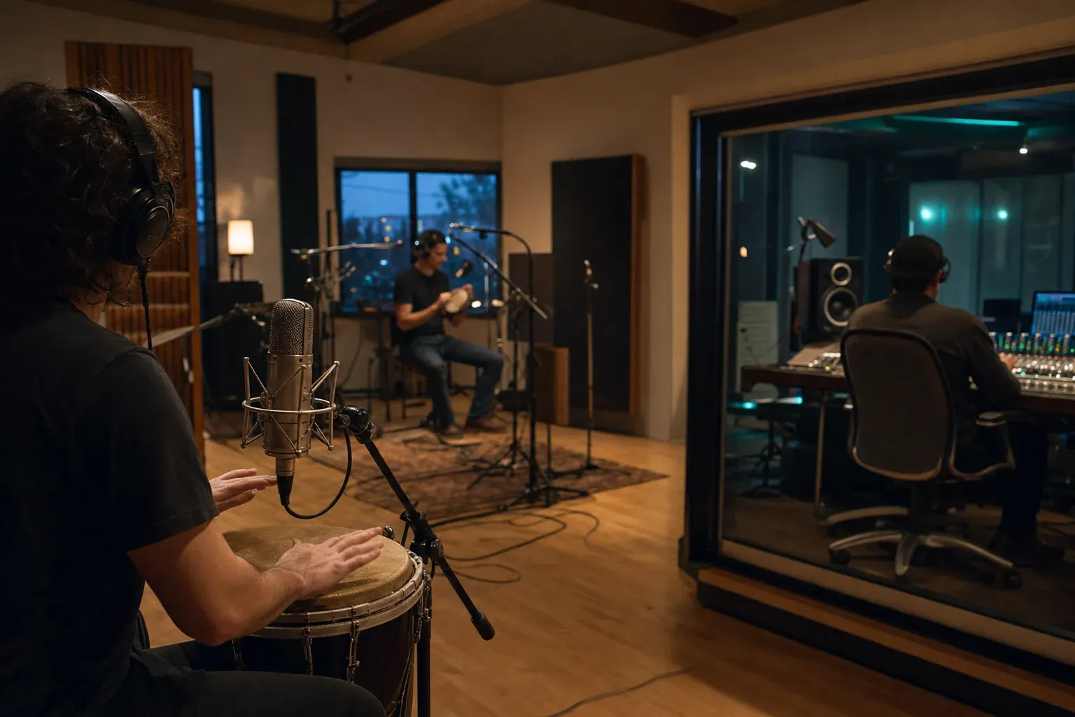 Anonymous percussionists are recorded at different distances while an engineer works in a contemporary control room.