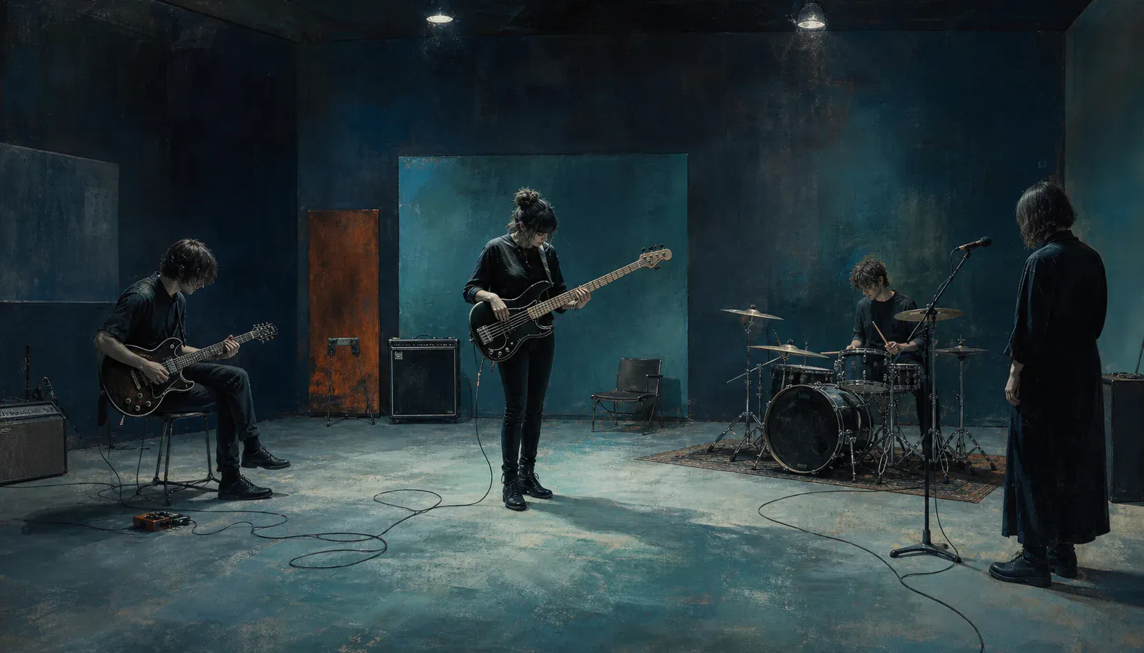An anonymous gothic-rock group rehearses in a largely empty room, with melodic bass centered between restrained drums, spatial guitar, and a vocalist.
