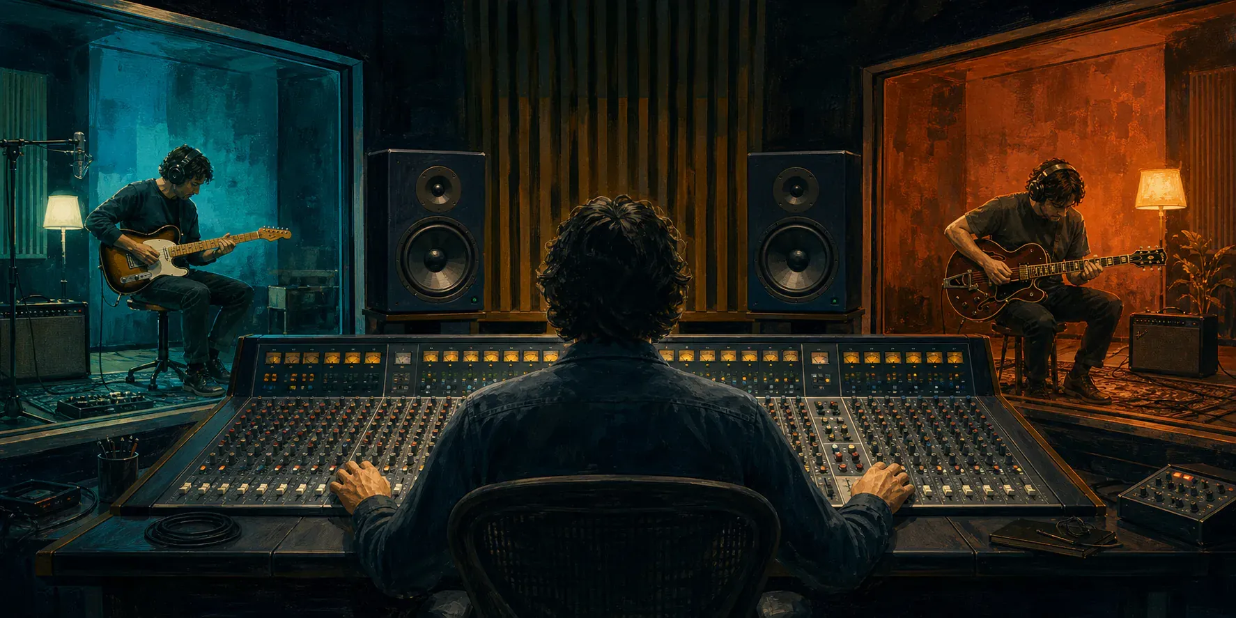 An engineer sits at a mixing console between two monitor speakers while separate guitar performances occupy teal and oxide rooms to the left and right.