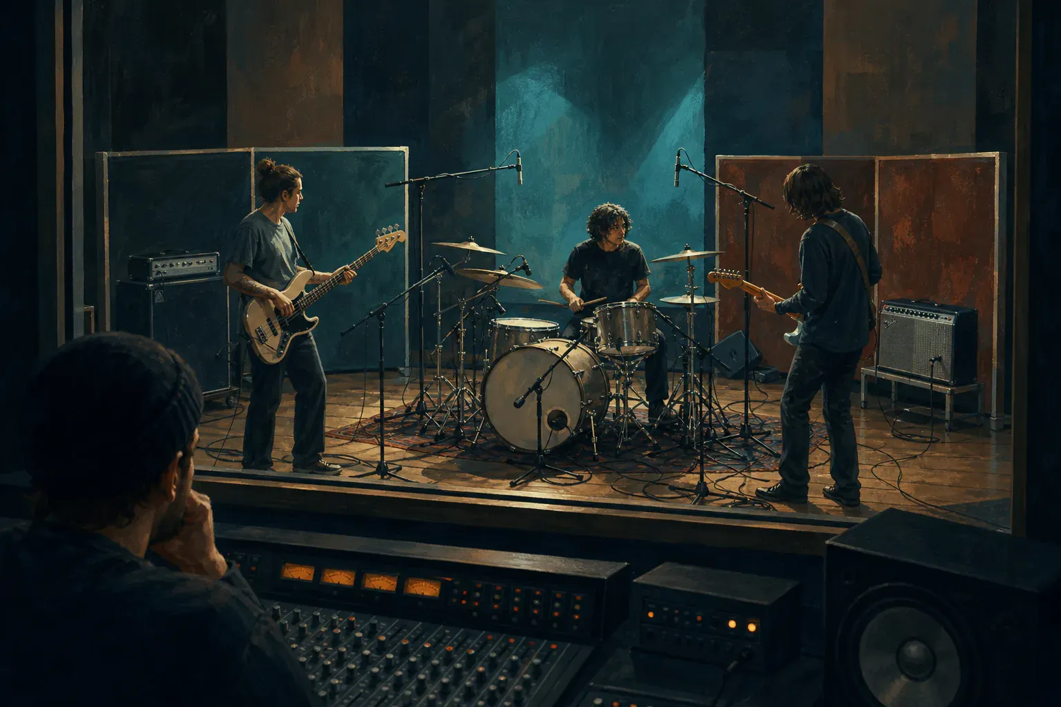 A drummer, bassist, and guitarist perform together in a live room while an engineer watches from the control room.
