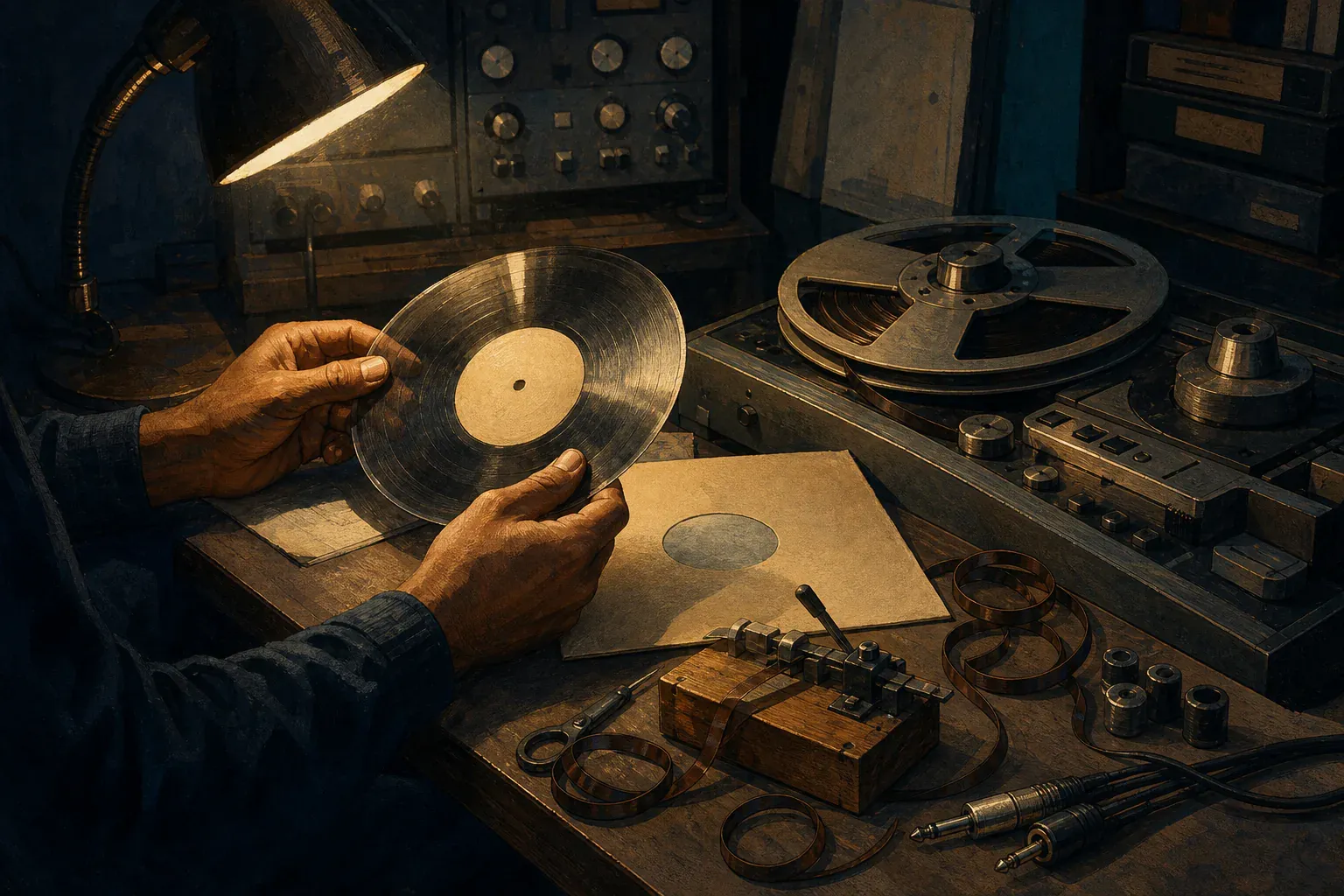Hands inspect a blank acetate disc beside open-reel tape, a splicing block, a plain sleeve, and studio cables.