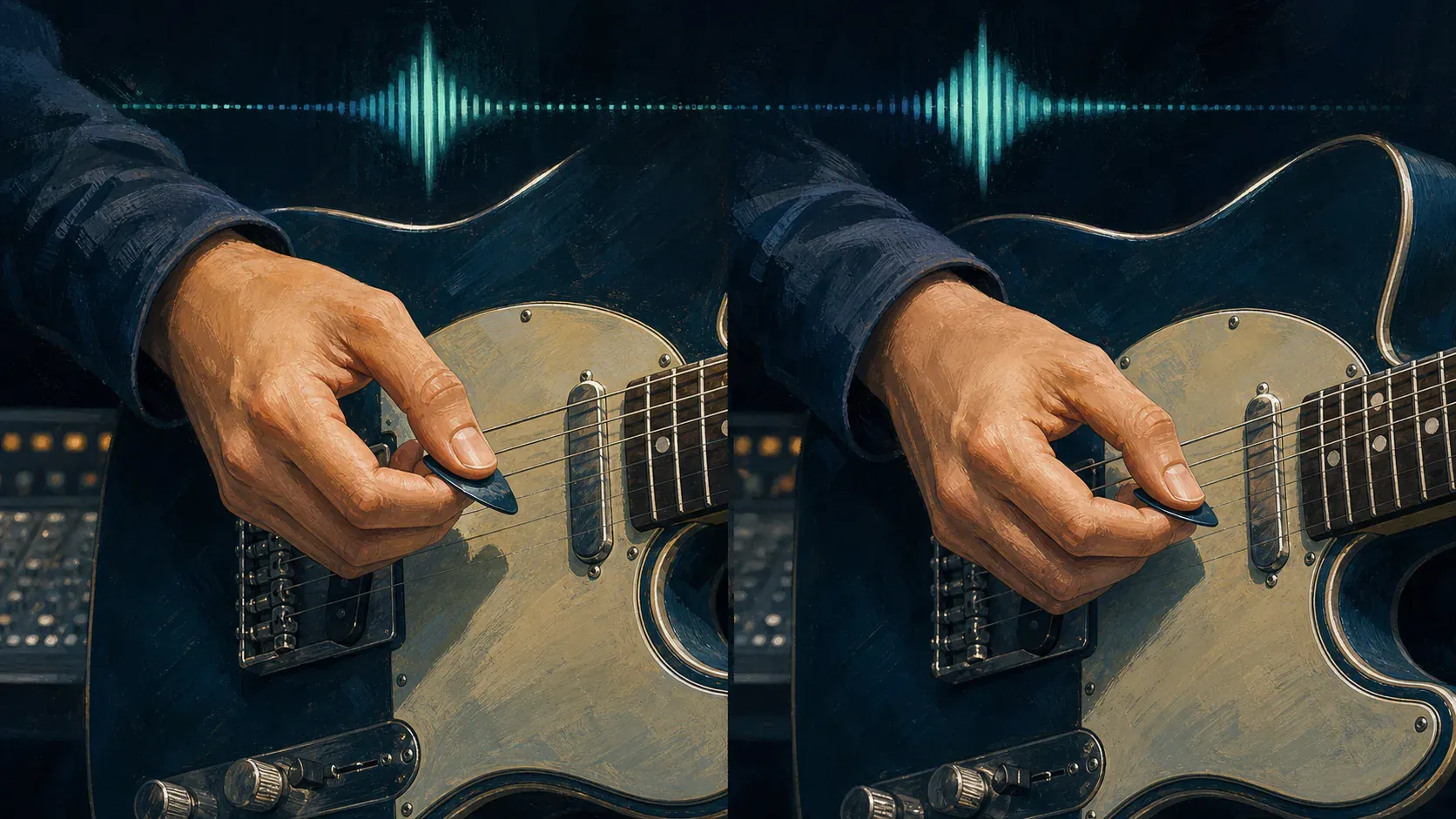 Two close views show separate picking hands striking similar electric-guitar parts with a small visual offset between the attacks.